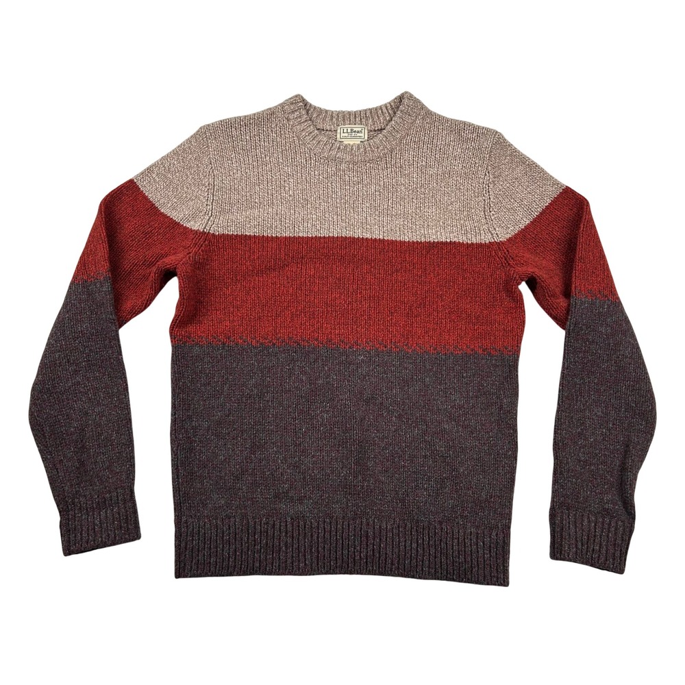 LL Bean Sweater Mens Sm 100% Lambswool Colorblock Crewneck Autumn Earth Tones